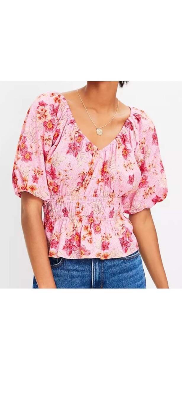LOFT Lily Gathered Waist Floral Puff Sleeve Blouse large boho Flirty - Picture 5 of 12